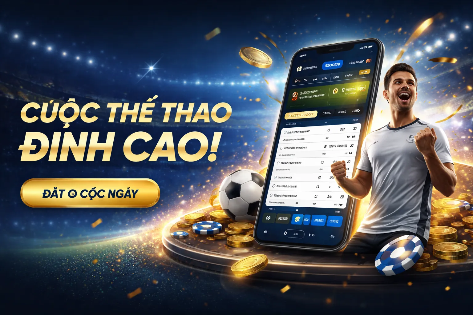 Sân vận động với trận đấu bóng đá kịch tính, logo keonhacaichuan nổi bật, màu sắc xanh và trắng